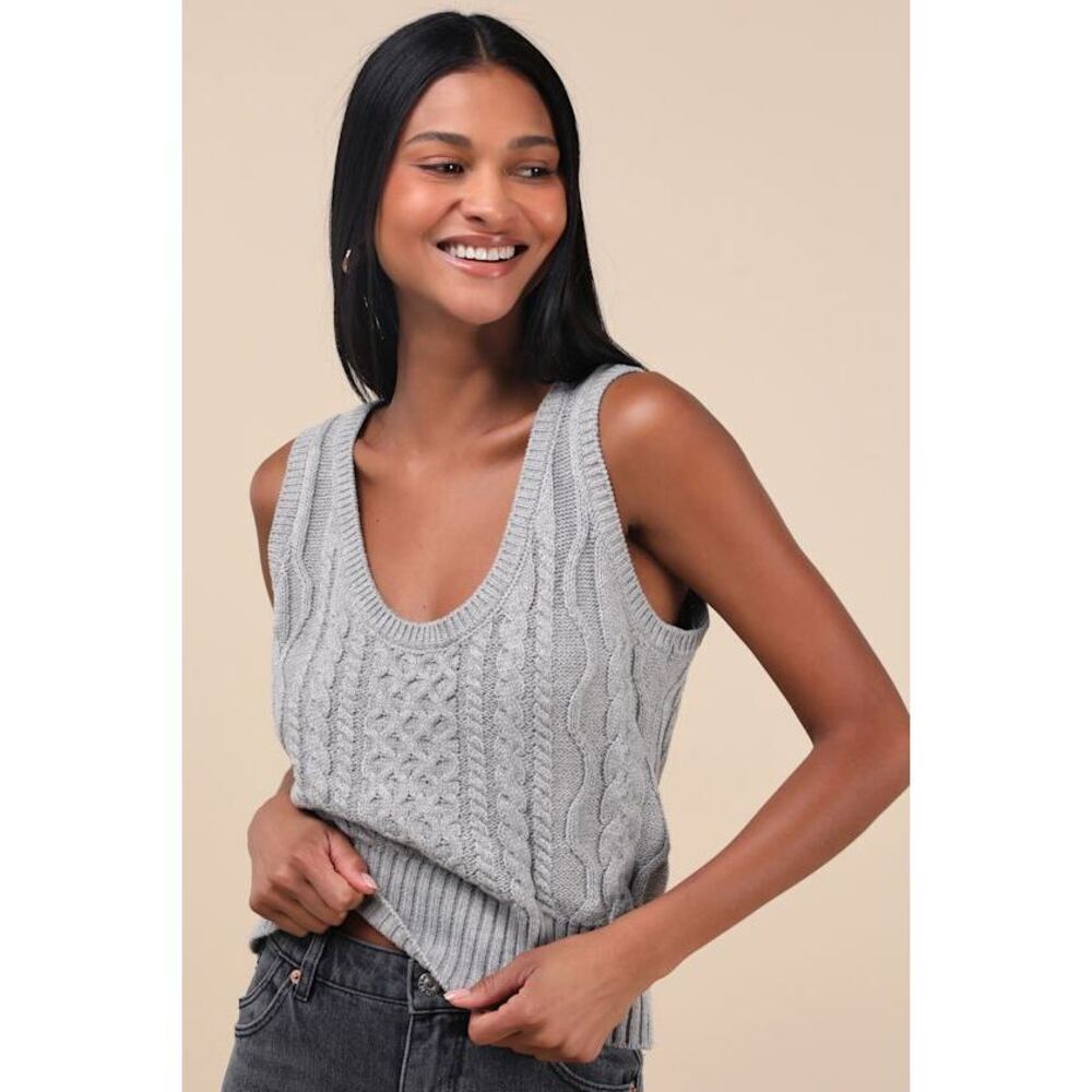 Lulus Sophisticated Staple Heather Grey Cable Knit Sweater Vest - Size L
